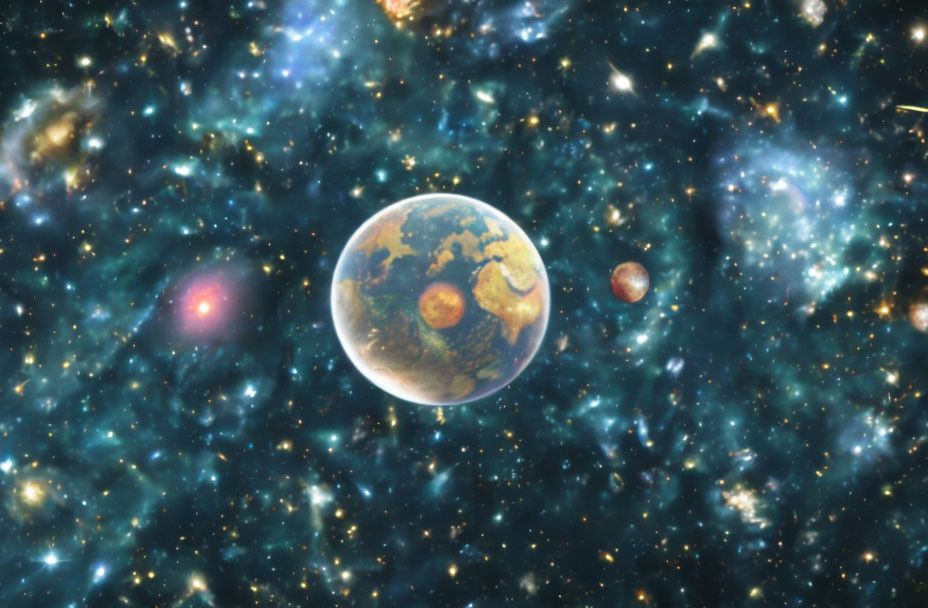 Vibrant space scene with two planets: one blue with oceans, the other red