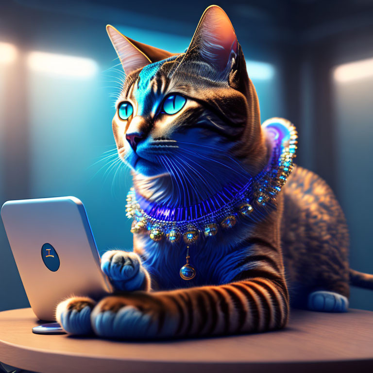 Stylized cat with jewelry looking at smartphone in dimly lit room