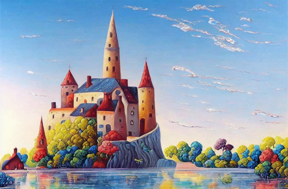 Vibrant castle painting with spires on cliff by reflective water