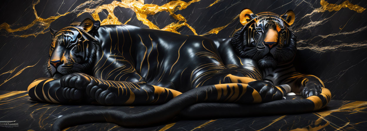 Majestic black tigers on luxurious black marble with golden veins