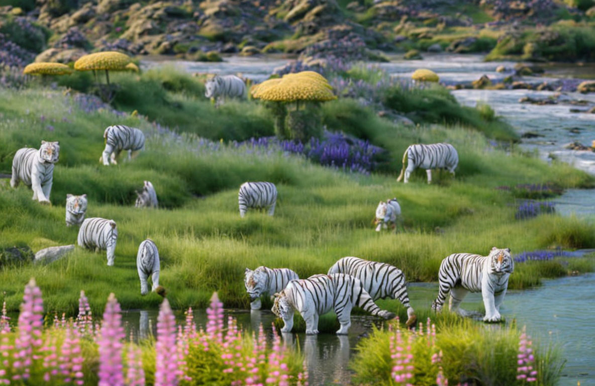 Zebras among colorful flowers and greenery by a stream