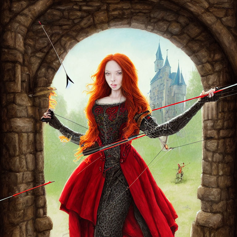 Red-haired archer in medieval attire with bow and arrow, torch, and castle backdrop.