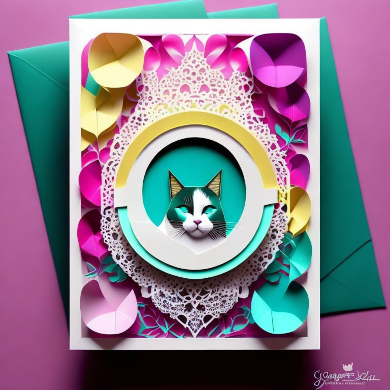 Colorful Paper Art with Cat Face Cutout on Geometric Background