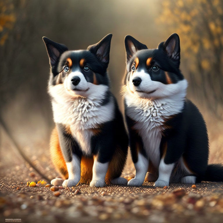 Two Tricolor Pembroke Welsh Corgis Sitting Outdoors in Soft Golden Light