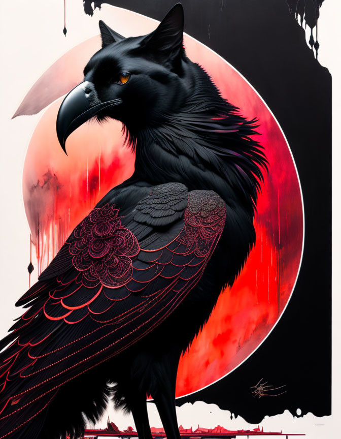 Stylized black raven on red and pink moon background with intricate feather patterns