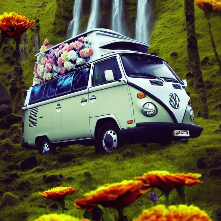 Vintage Volkswagen Van with Flowers Parked Near Waterfall