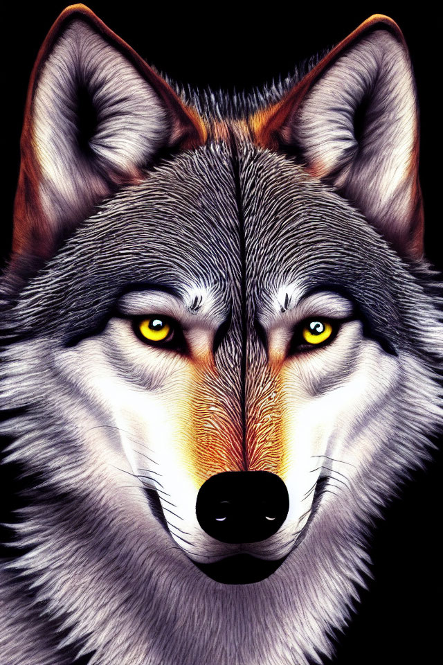 Detailed Wolf Face Illustration with Yellow Eyes and Intricate Fur Textures