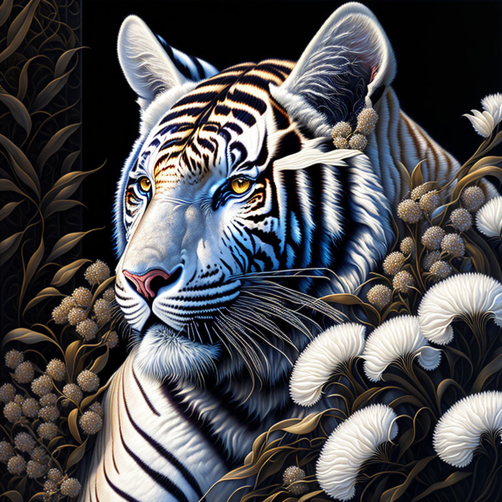 Colorful Tiger Head Art Against Dark Foliage and White Flowers