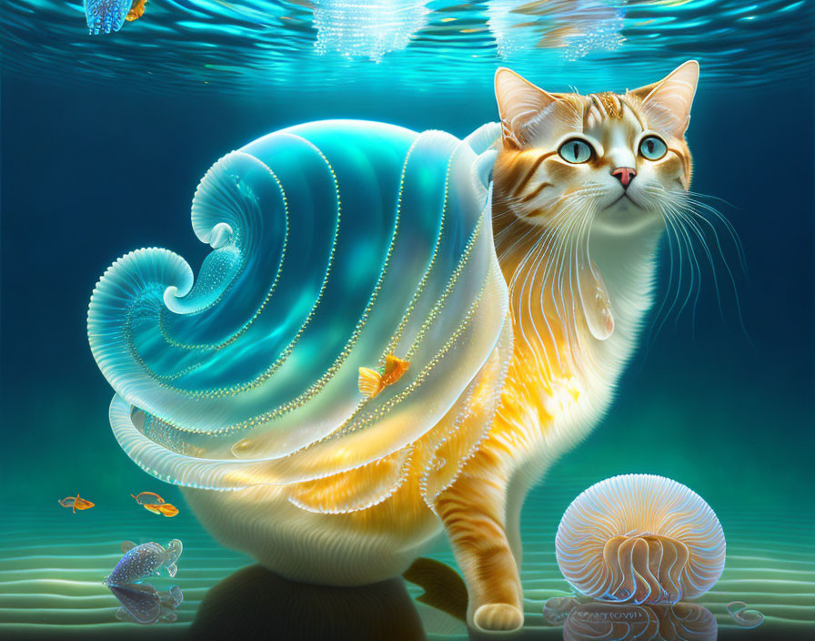 Orange Tabby Cat with Nautilus Shell in Underwater Surreal Artwork