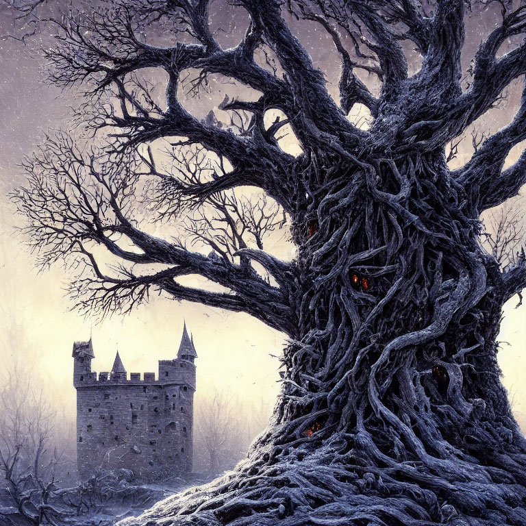 Gnarled tree in snowy landscape with castle and red eyes