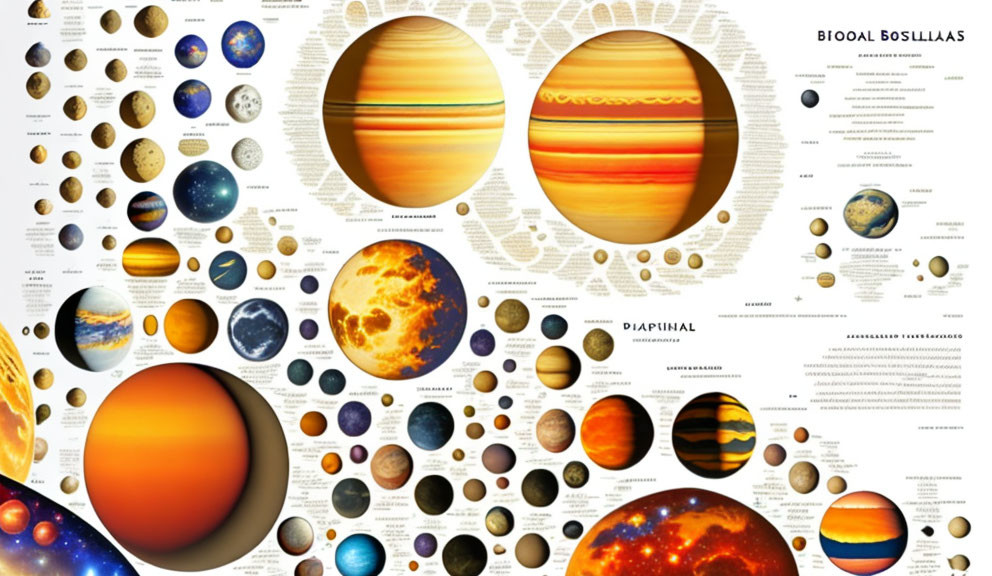 Detailed Celestial Bodies Infographic with Planets, Moons, and Stars