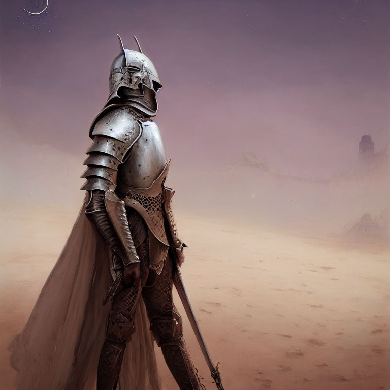 Knight in shining armor with sword in dusky desert landscape