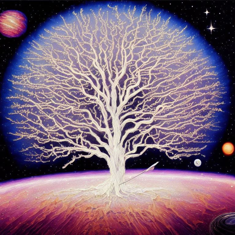 White tree with intricate branches in surreal cosmic scene