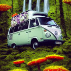 Vintage Volkswagen Van with Flowers Parked Near Waterfall