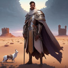 Stoic warrior in ornate armor with white fox in desert ruins