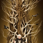 Illustration of old man's face merging with twisted tree roots