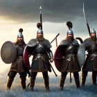 Viking warriors with swords and shields under dramatic sky