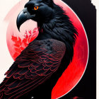 Stylized black raven on red and pink moon background with intricate feather patterns