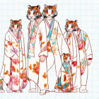 Anthropomorphic Tigers in Traditional Robes Against Grid Background