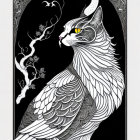 Detailed Black and White Cat Illustration with Yellow Eye and Celtic Border