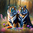 Vibrant digitally illustrated tigers in fantastical field with glowing stripes