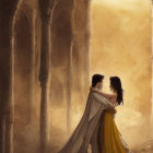 Medieval-themed animation of characters in intimate moment under stone archway