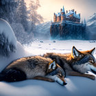 Two wolves resting in snow with castle and snow-covered trees backdrop at twilight