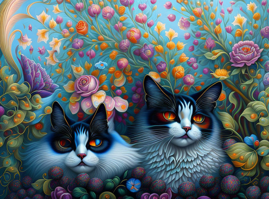 Colorful Painting of Two Stylized Cats Among Vibrant Flowers