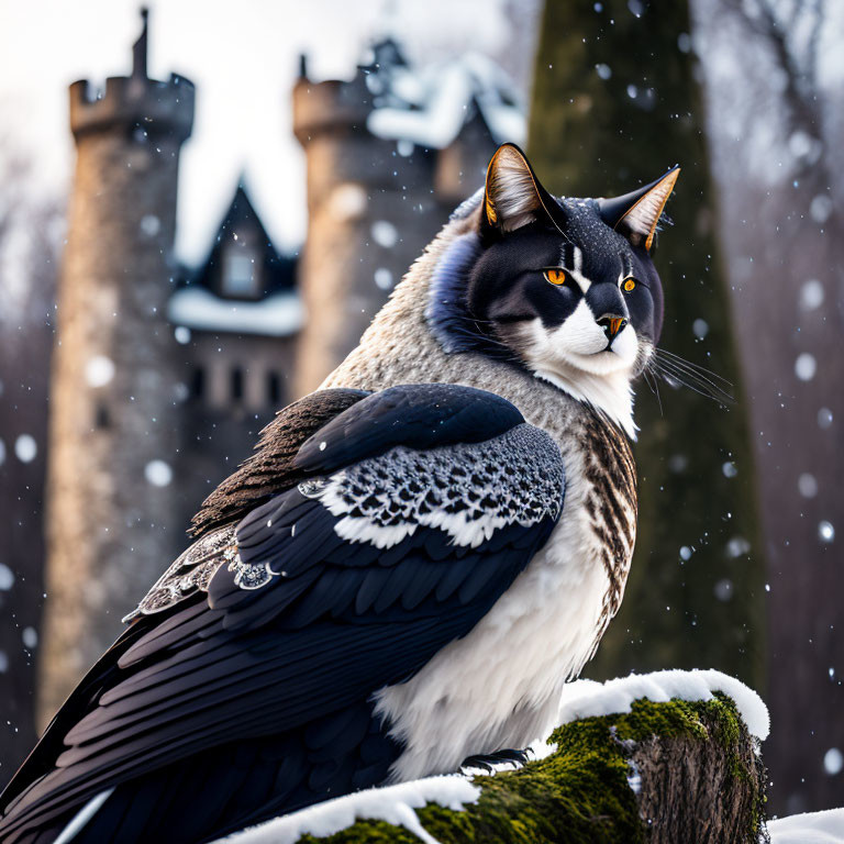 Surreal creature with cat head and eagle body on snowy branch with castle.