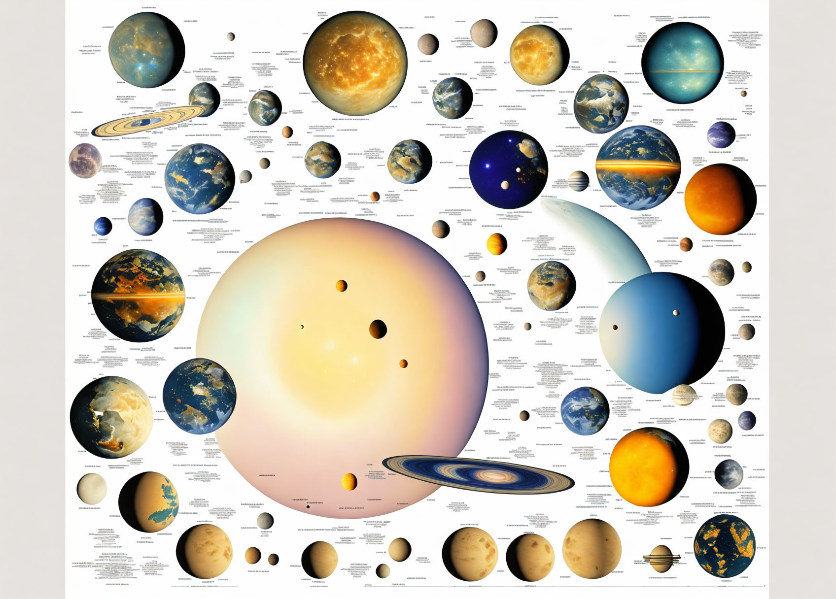 Illustrated Diagram of Planets, Moons, and Celestial Bodies with Annotations