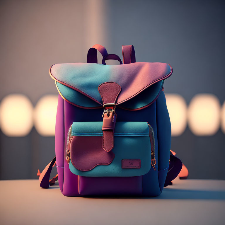 Colorful Leather Texture Backpack with Front Pocket & Metallic Buckle