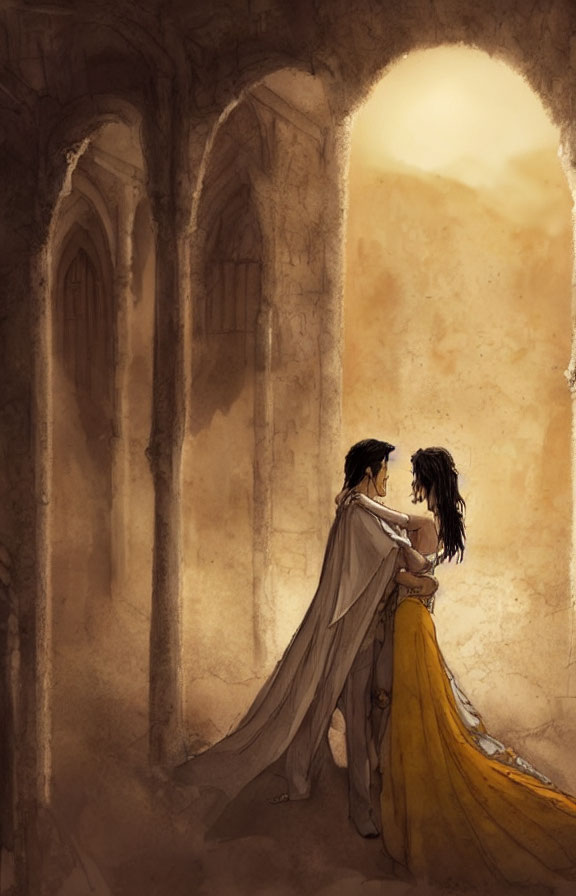 Medieval-themed animation of characters in intimate moment under stone archway