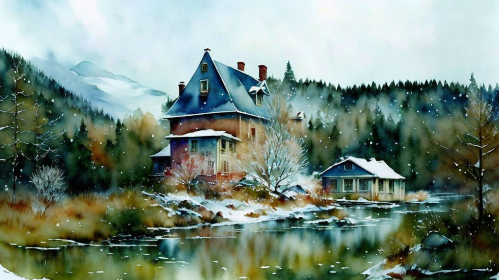 Victorian house by river in snowy landscape with mountains