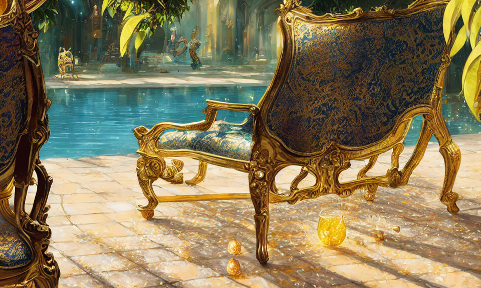 Luxurious Golden Bench with Blue Upholstery by Tranquil Pool and Columned Pavilion