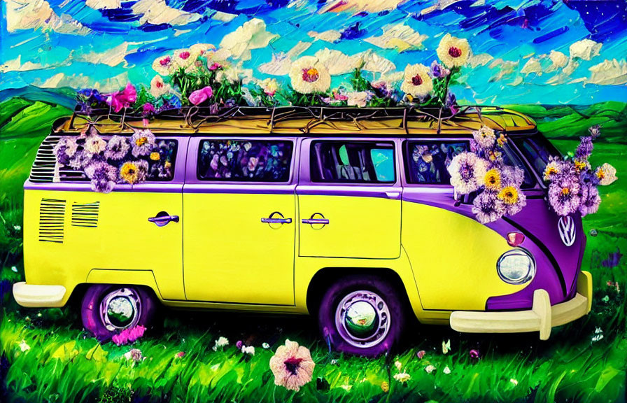 Colorful VW Bus Painting with Flowers on Vibrant Background