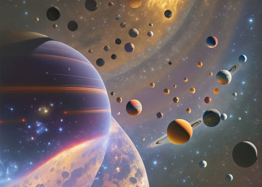 Colorful planets and moons in cosmic scenery.