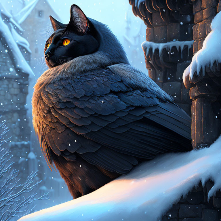 Black cat with dark wings perched on snowy ledge in twilight