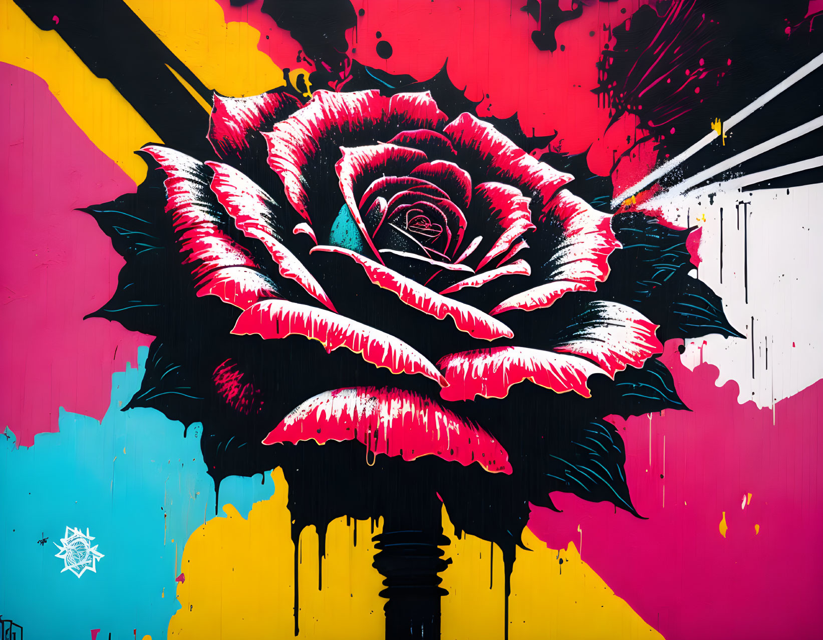 Colorful graffiti of large rose on vibrant background