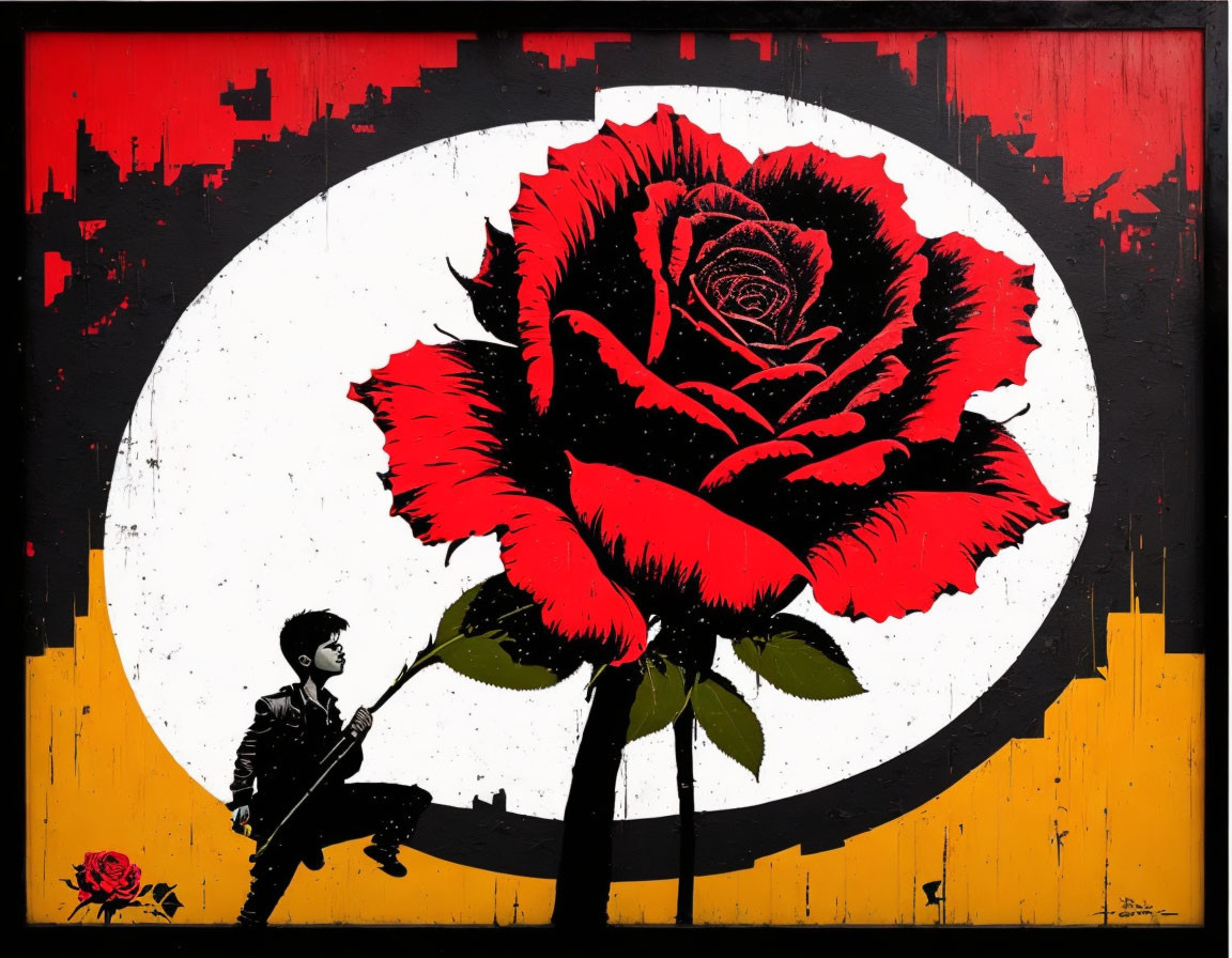 Person sitting with red rose against moon circle in cityscape background