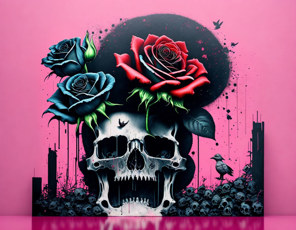 Colorful graffiti artwork of skull with roses on pink background