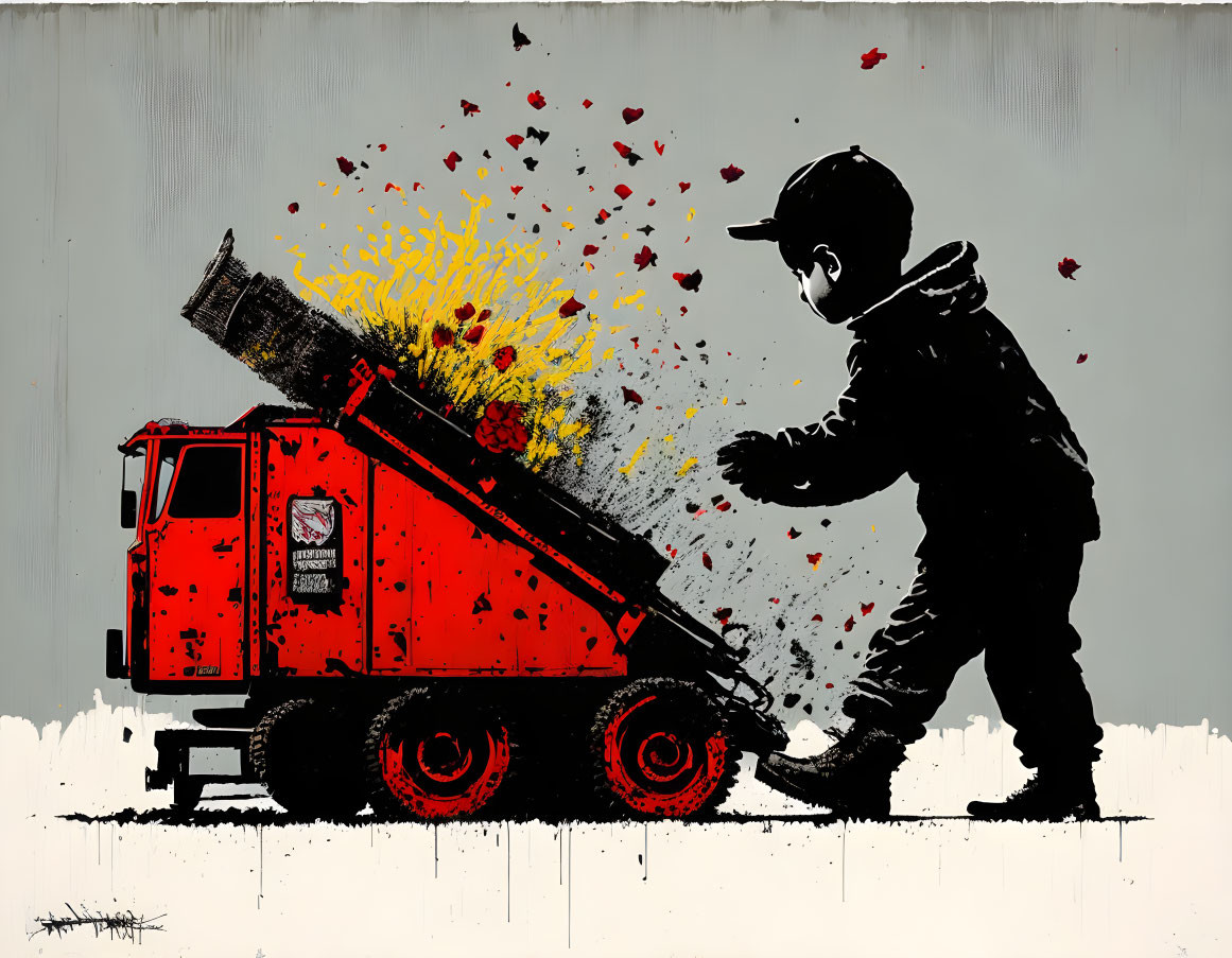 Silhouette of child playing with toy garbage truck, colorful flowers bursting out against gray backdrop