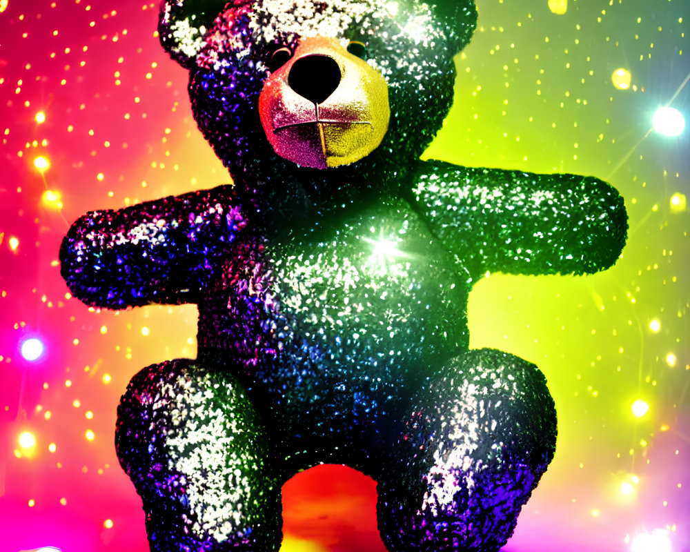 Colorful Light Display Behind Glittering Teddy Bear