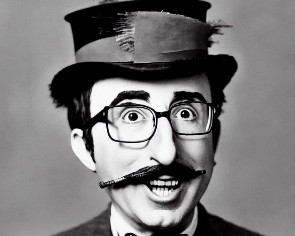 Character with top hat, glasses, fake mustache, bowtie & quirky expression