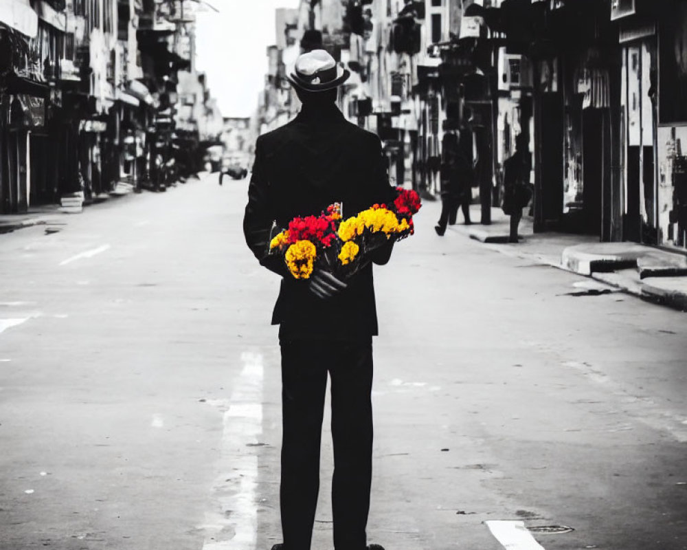 Person in Dark Suit Holding Bouquet on Deserted Street