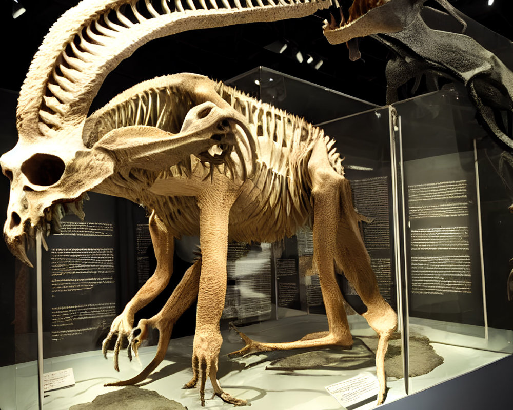 Large bipedal theropod skeleton in aggressive pose at museum exhibit