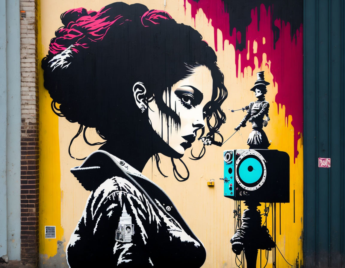 Colorful street art mural of woman with pink updo and turntable on yellow backdrop