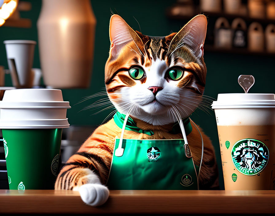 Digital Artwork: Cat with Green Eyes in Barista Apron Amid Coffee Cups