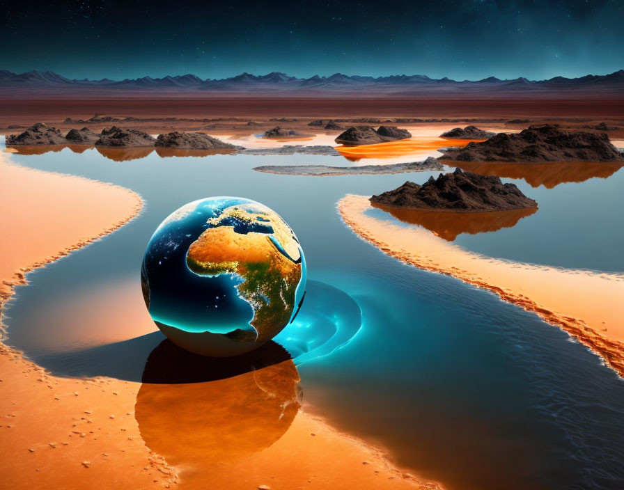 Miniature Earth Globe in Surreal Desert Landscape with Water and Starry Sky