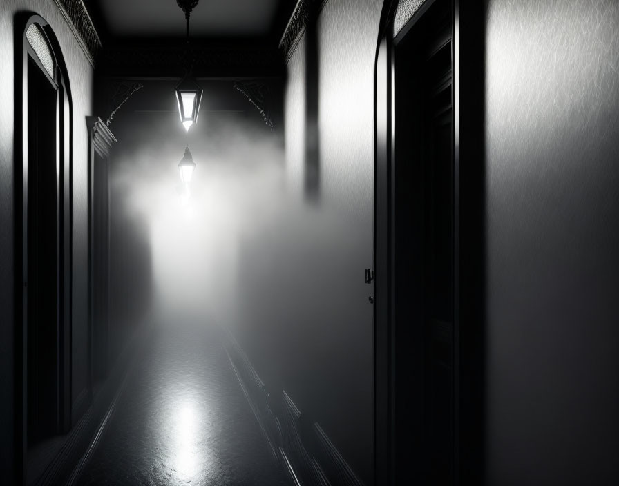 Misty corridor with dim lantern light for an eerie atmosphere