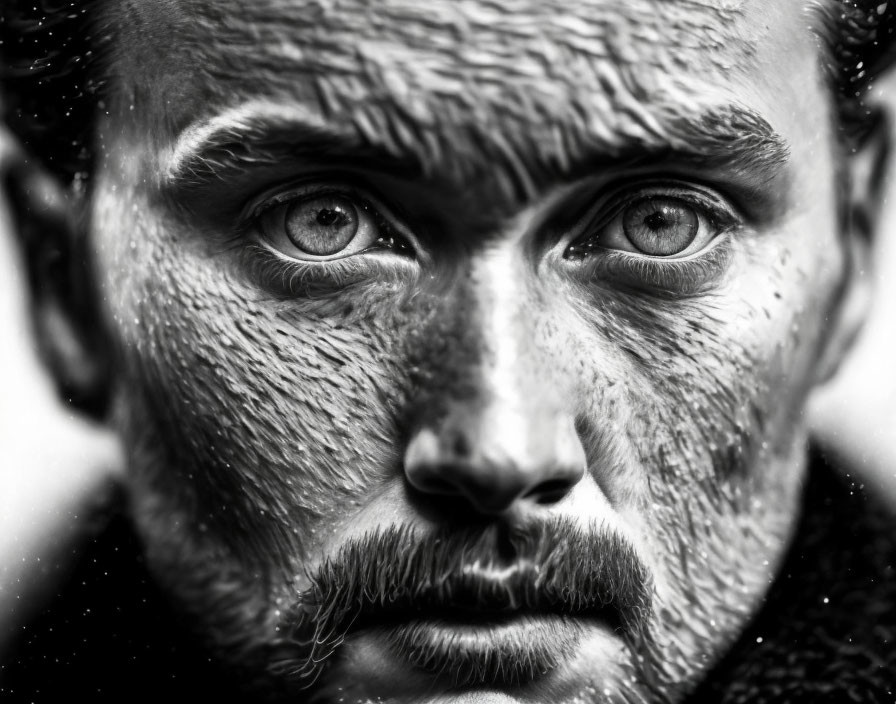 Detailed close-up of person's face with striking skin patterns and intense eyes in black and white